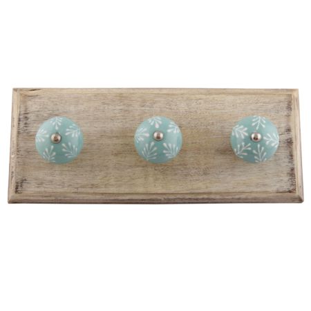 Sea Green Leaf Floral Ceramic Wooden Hooks 